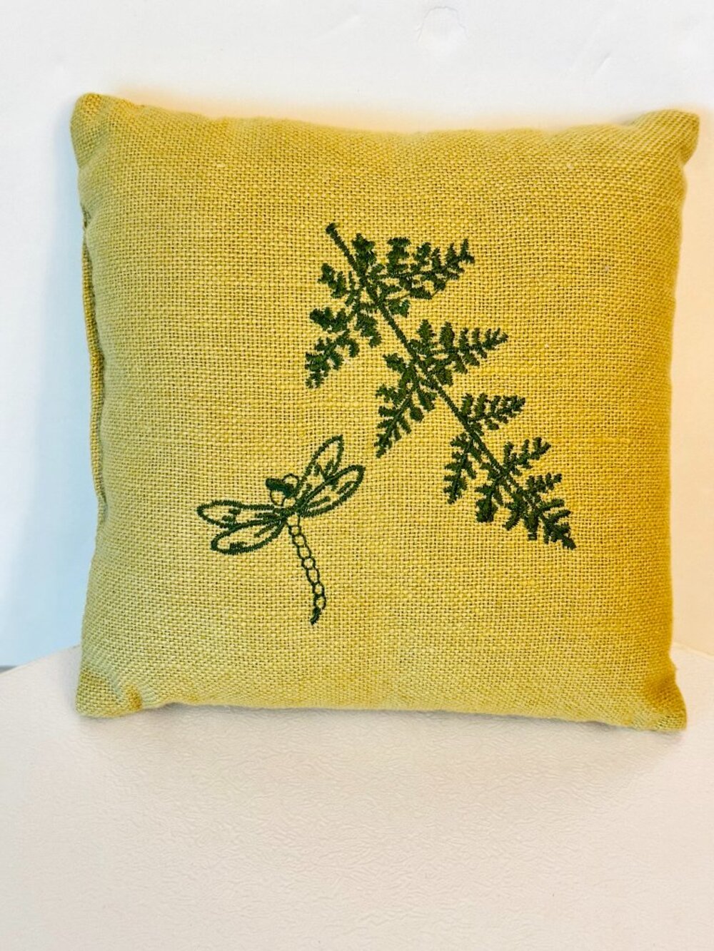 Embroidered Green Accent Burlap Pillow 6x6 Fern Frond Dragonfly